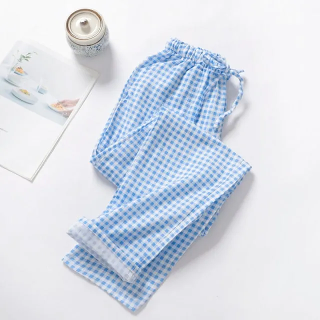 VenusFox Summer/Autumn Couples Plaid Pants Women/Men Sleepwear Cotton Double Gauze Thin Sleep Bottoms Casual Women's Pajamas Home Clothes