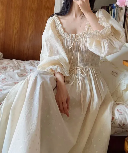 Vintage Puff Sleeves Cotton Night Gown Dress