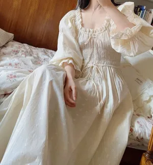 Vintage Puff Sleeves Cotton Night Gown Dress