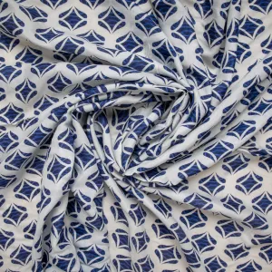 White & Blue Geometrical Print Russian Silk Fabric
