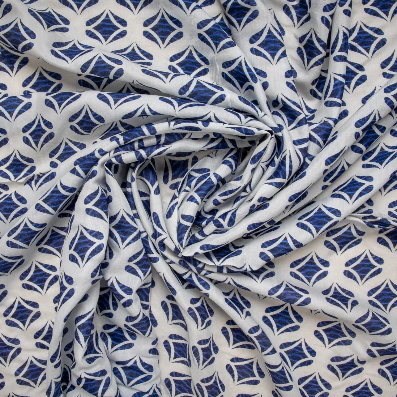 White & Blue Geometrical Print Russian Silk Fabric