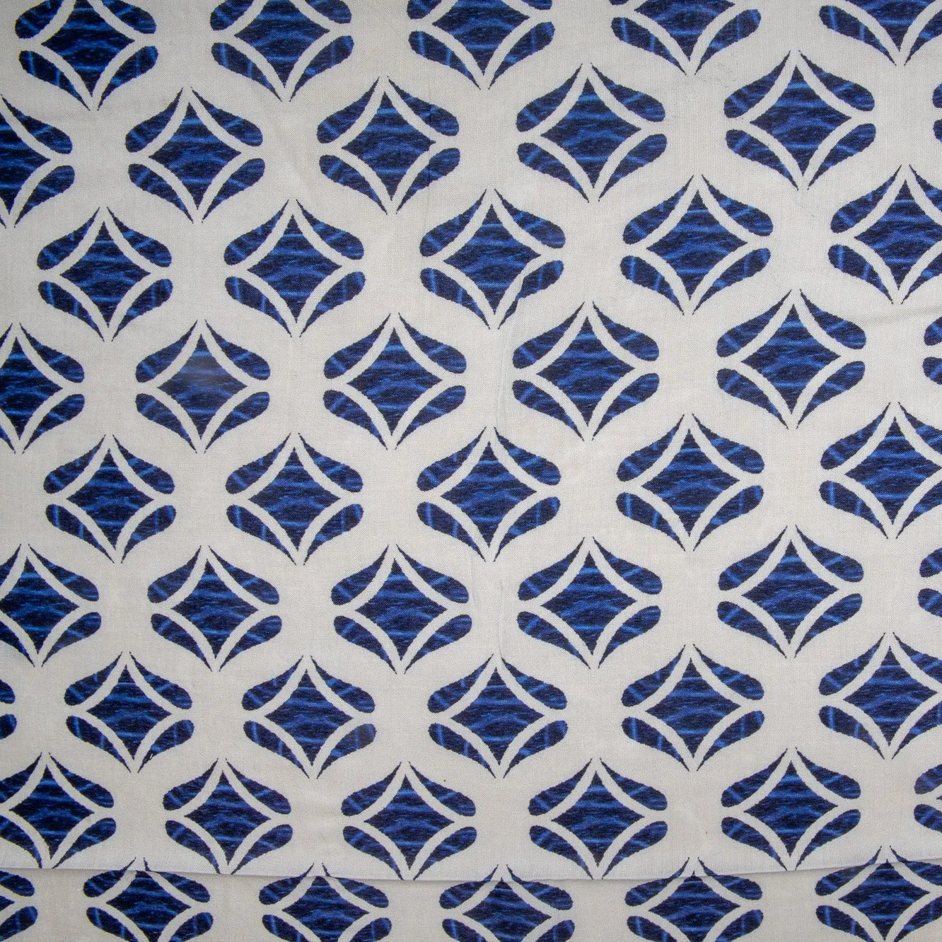 White & Blue Geometrical Print Russian Silk Fabric