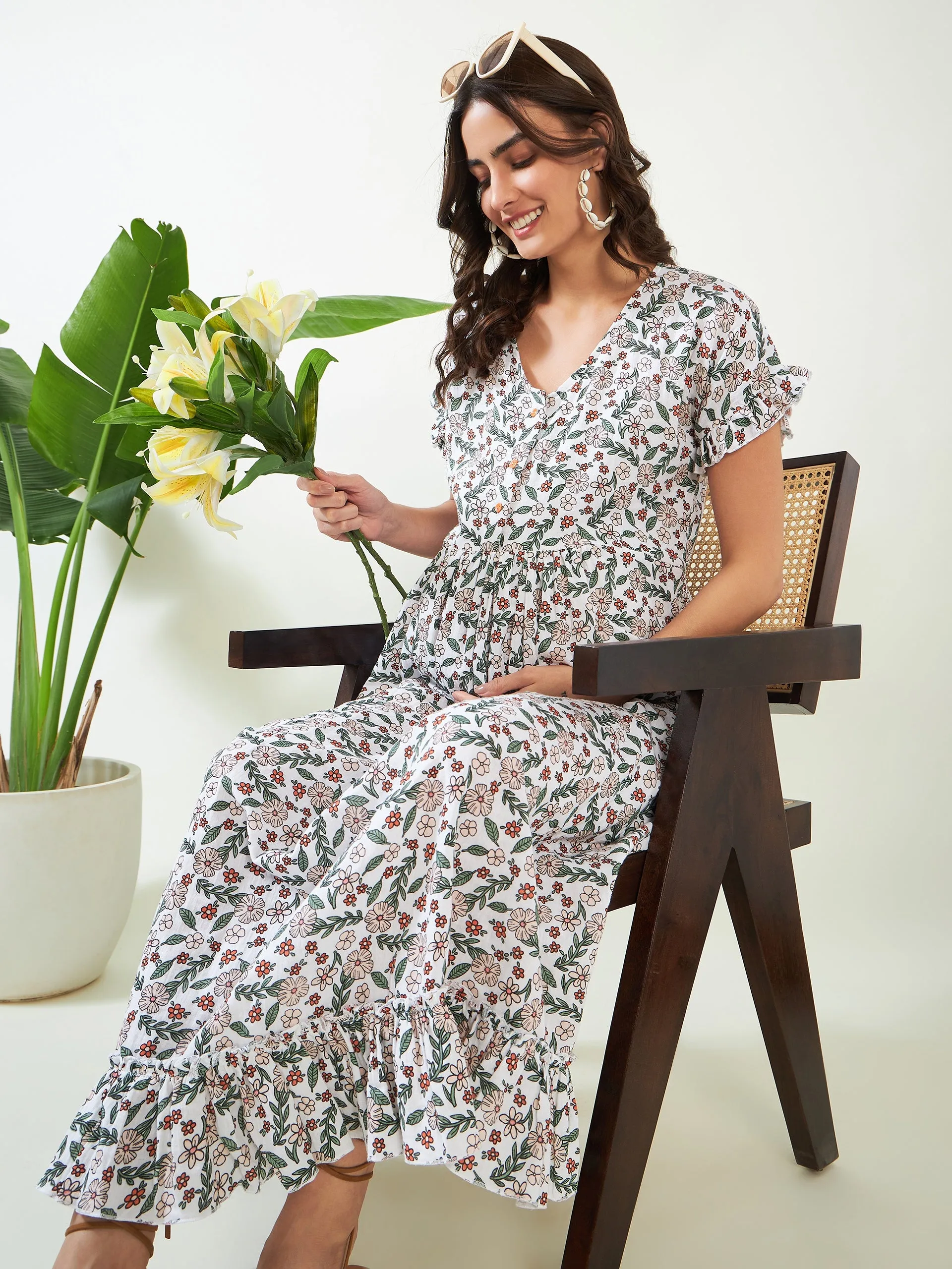 White Floral Maternity and Nursing Nightdress