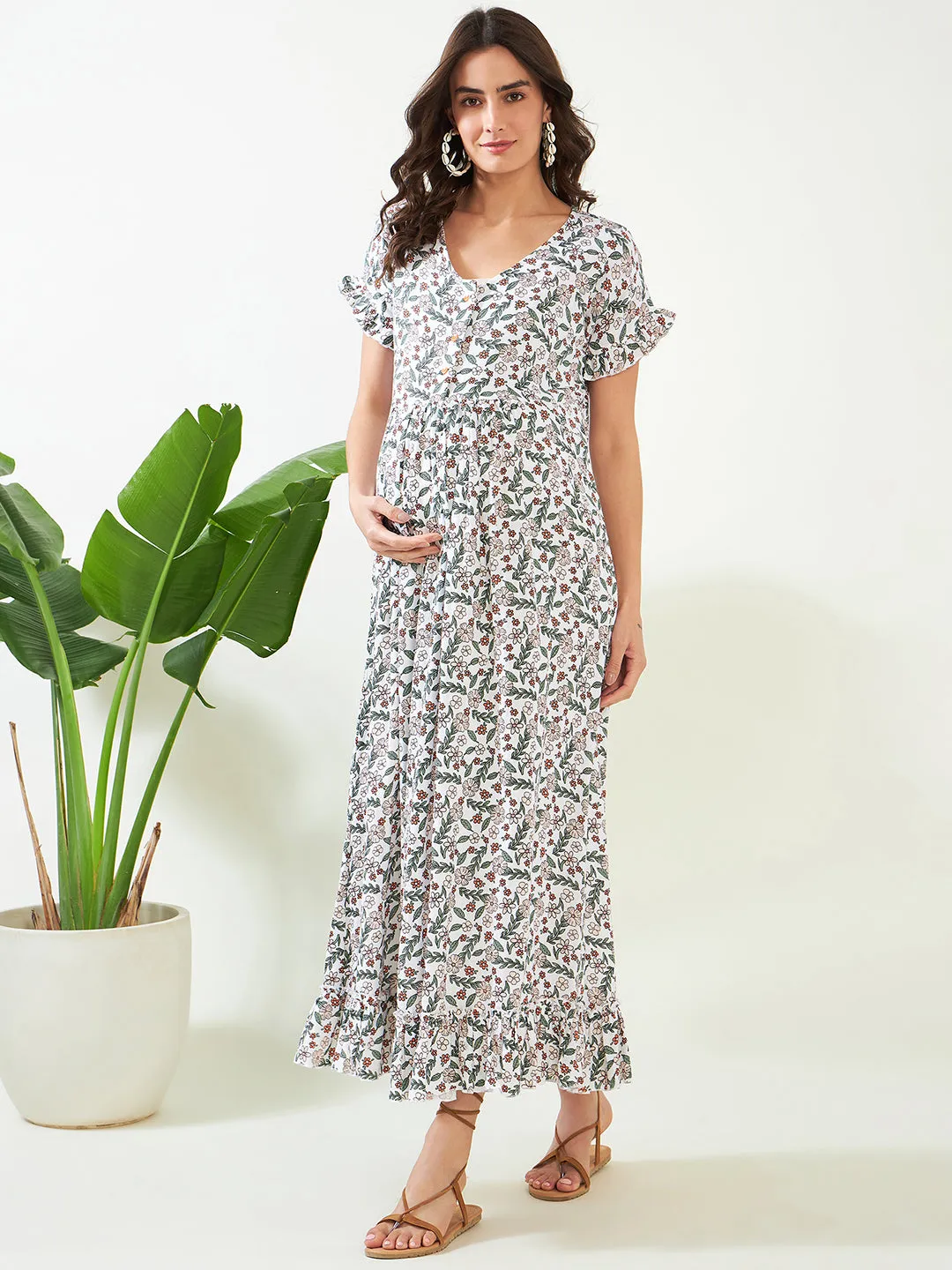 White Floral Maternity and Nursing Nightdress