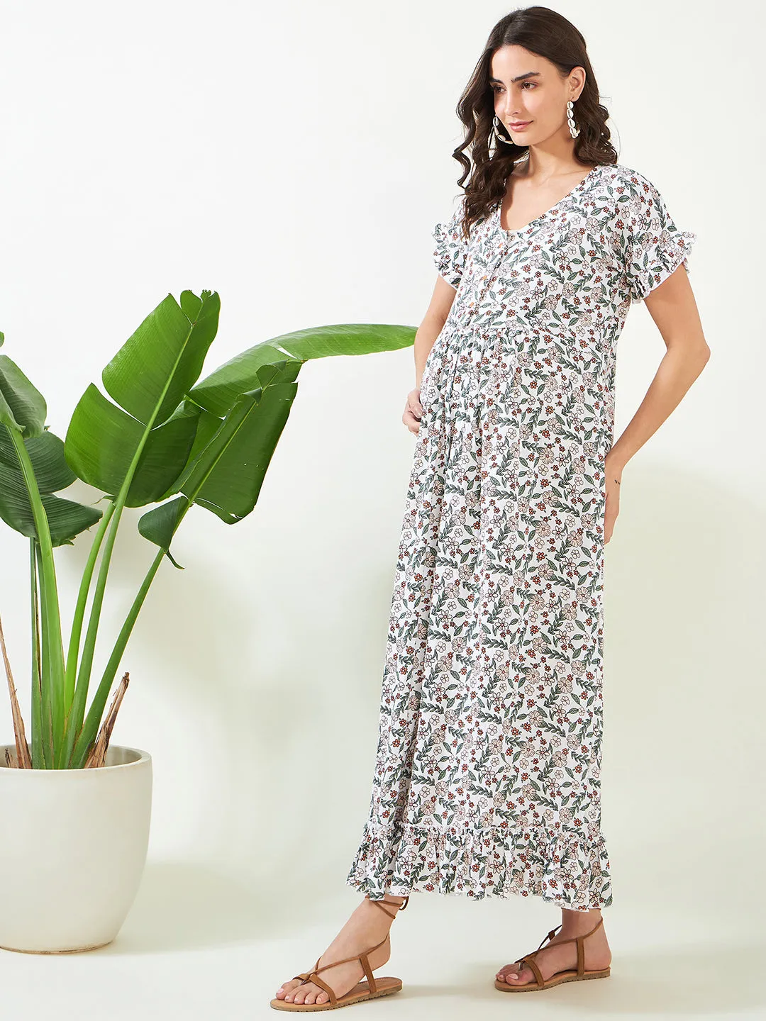 White Floral Maternity and Nursing Nightdress
