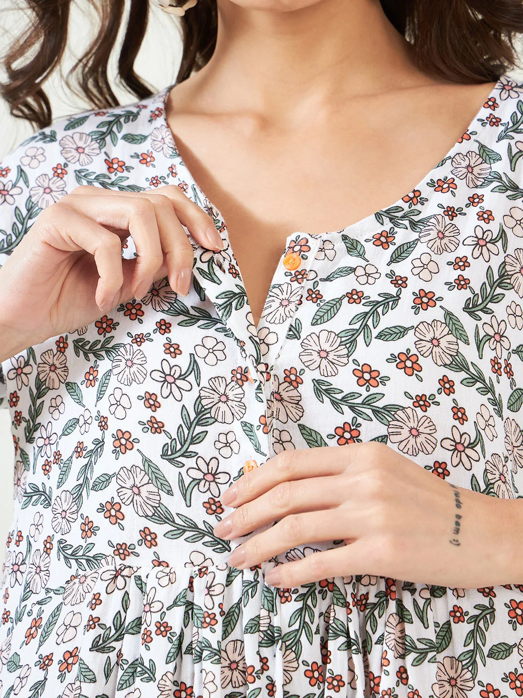 White Floral Maternity and Nursing Nightdress