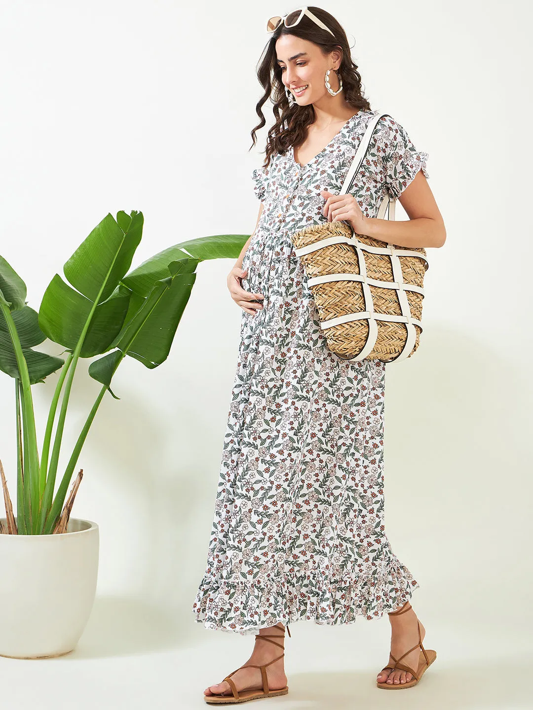 White Floral Maternity and Nursing Nightdress