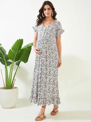 White Floral Maternity and Nursing Nightdress