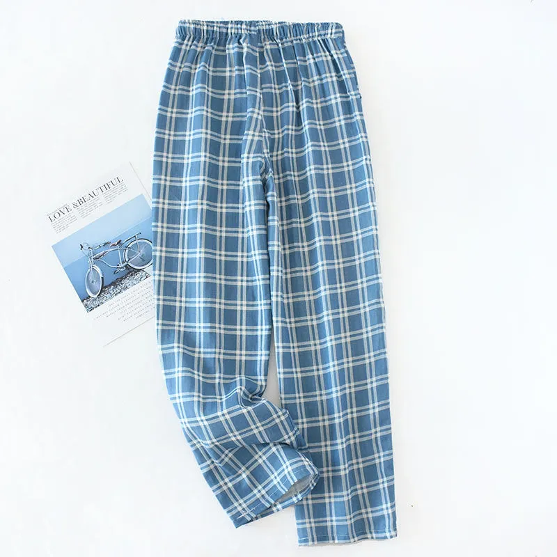 Wjczt Men&#39;s Cotton Gauze Trousers Plaid Knitted Sleep Pants Woman Pajamas Pants Bottoms Sleepwear Short for Couples Pijama Hombre