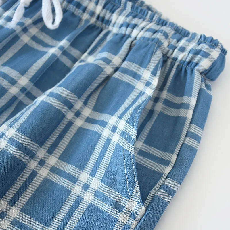 Wjczt Men&#39;s Cotton Gauze Trousers Plaid Knitted Sleep Pants Woman Pajamas Pants Bottoms Sleepwear Short for Couples Pijama Hombre