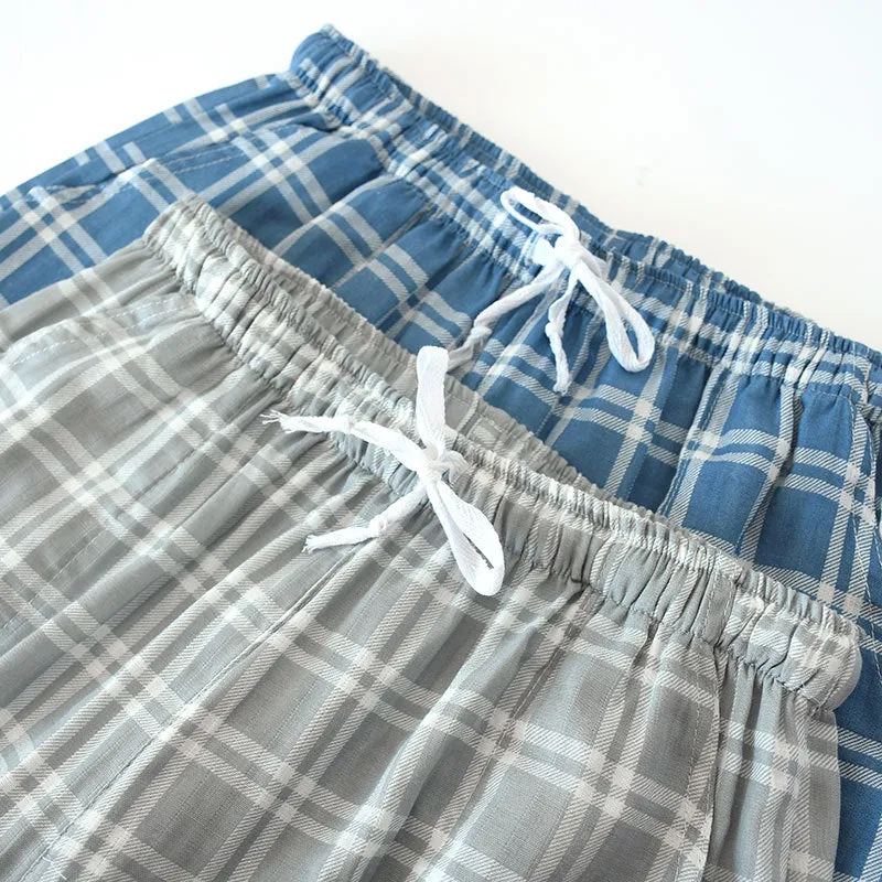 Wjczt Men&#39;s Cotton Gauze Trousers Plaid Knitted Sleep Pants Woman Pajamas Pants Bottoms Sleepwear Short for Couples Pijama Hombre
