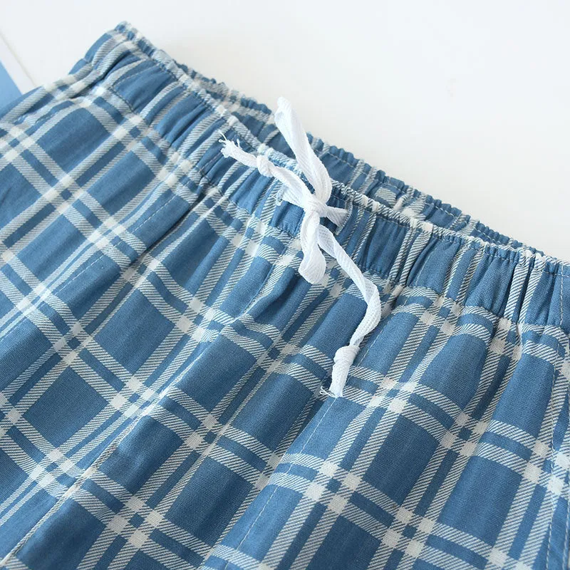 Wjczt Men&#39;s Cotton Gauze Trousers Plaid Knitted Sleep Pants Woman Pajamas Pants Bottoms Sleepwear Short for Couples Pijama Hombre