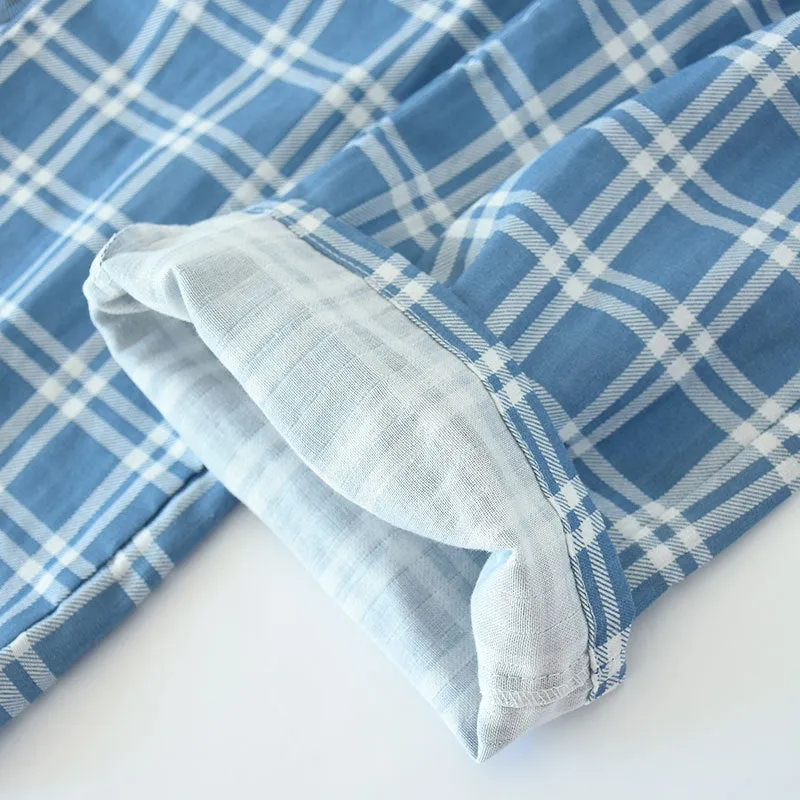 Wjczt Men&#39;s Cotton Gauze Trousers Plaid Knitted Sleep Pants Woman Pajamas Pants Bottoms Sleepwear Short for Couples Pijama Hombre