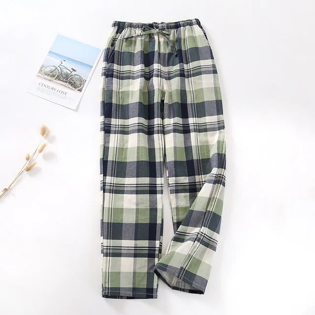 Wjczt Men&#39;s Cotton Gauze Trousers Plaid Knitted Sleep Pants Woman Pajamas Pants Bottoms Sleepwear Short for Couples Pijama Hombre