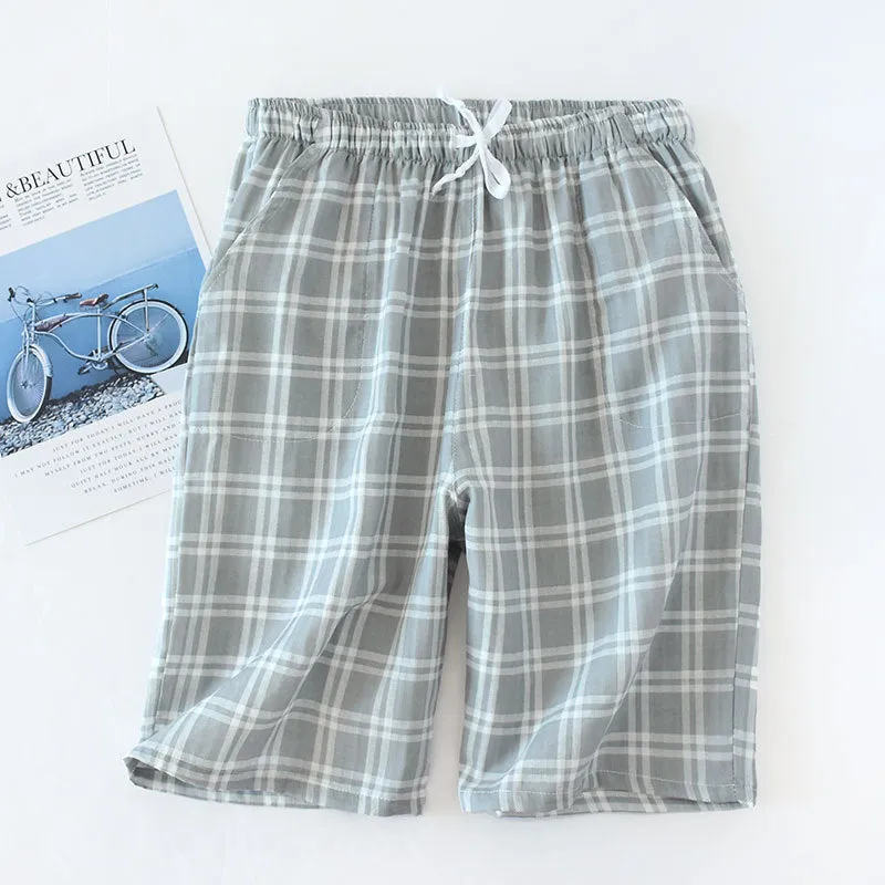 Wjczt Men&#39;s Cotton Gauze Trousers Plaid Knitted Sleep Pants Woman Pajamas Pants Bottoms Sleepwear Short for Couples Pijama Hombre
