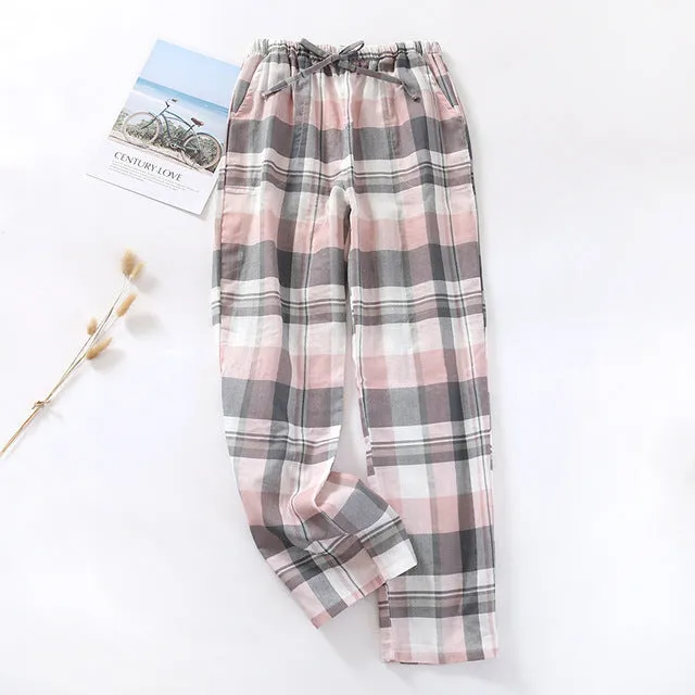 Wjczt Men&#39;s Cotton Gauze Trousers Plaid Knitted Sleep Pants Woman Pajamas Pants Bottoms Sleepwear Short for Couples Pijama Hombre