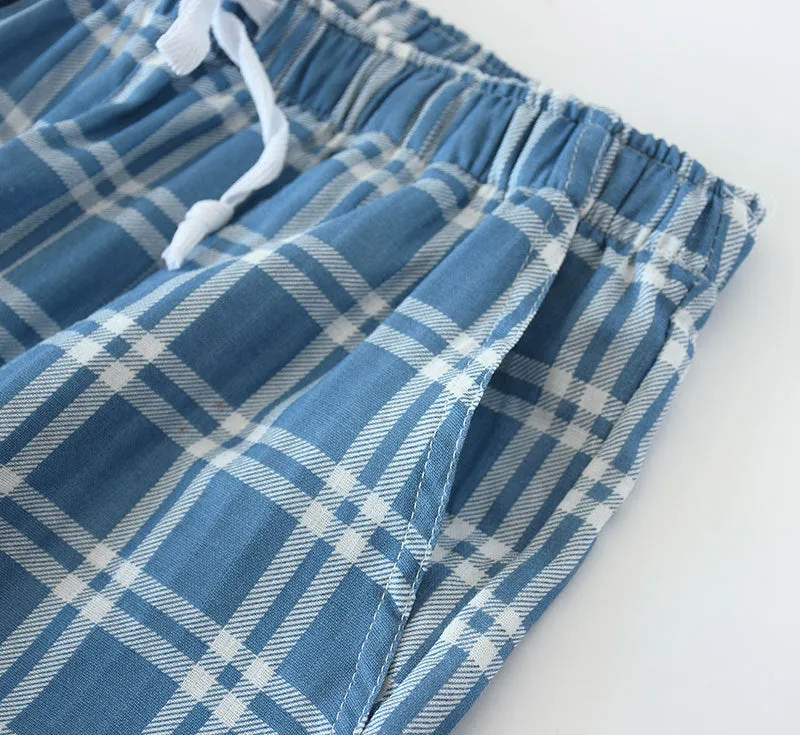 Wjczt Men&#39;s Cotton Gauze Trousers Plaid Knitted Sleep Pants Woman Pajamas Pants Bottoms Sleepwear Short for Couples Pijama Hombre