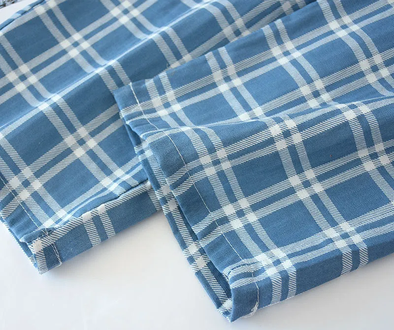 Wjczt Men&#39;s Cotton Gauze Trousers Plaid Knitted Sleep Pants Woman Pajamas Pants Bottoms Sleepwear Short for Couples Pijama Hombre