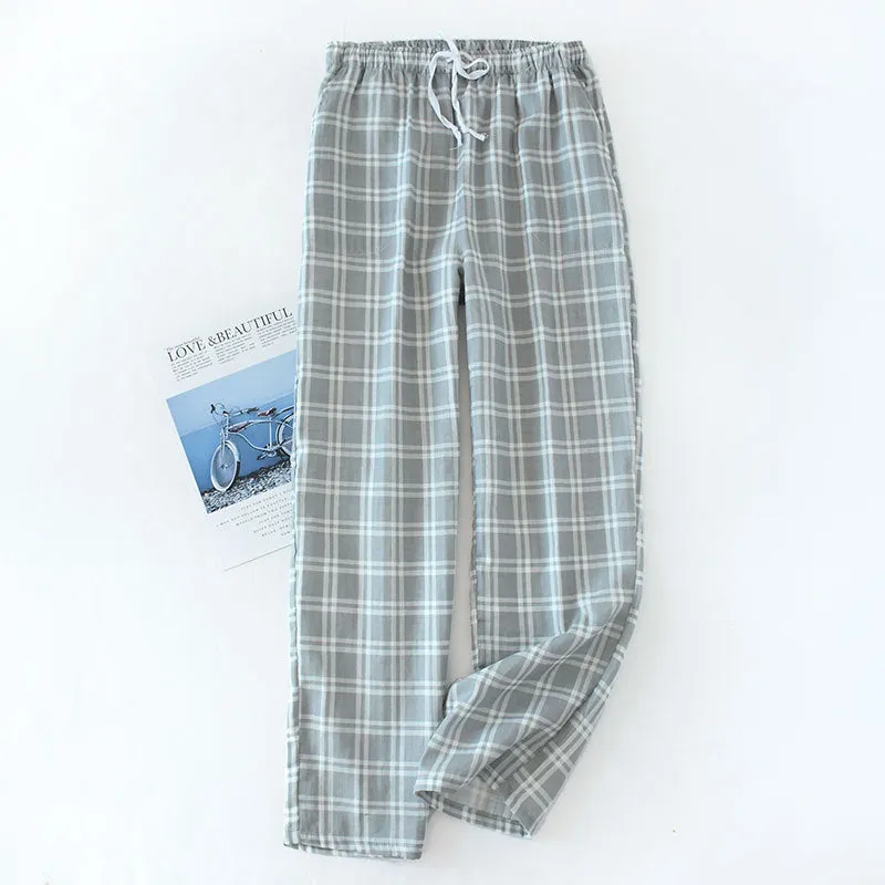 Wjczt Men&#39;s Cotton Gauze Trousers Plaid Knitted Sleep Pants Woman Pajamas Pants Bottoms Sleepwear Short for Couples Pijama Hombre