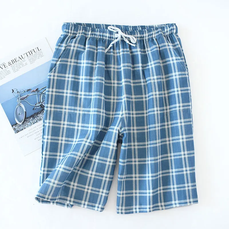 Wjczt Men&#39;s Cotton Gauze Trousers Plaid Knitted Sleep Pants Woman Pajamas Pants Bottoms Sleepwear Short for Couples Pijama Hombre