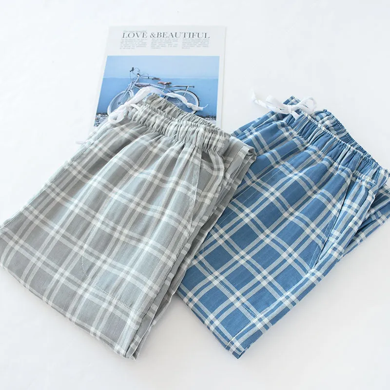 Wjczt Men&#39;s Cotton Gauze Trousers Plaid Knitted Sleep Pants Woman Pajamas Pants Bottoms Sleepwear Short for Couples Pijama Hombre