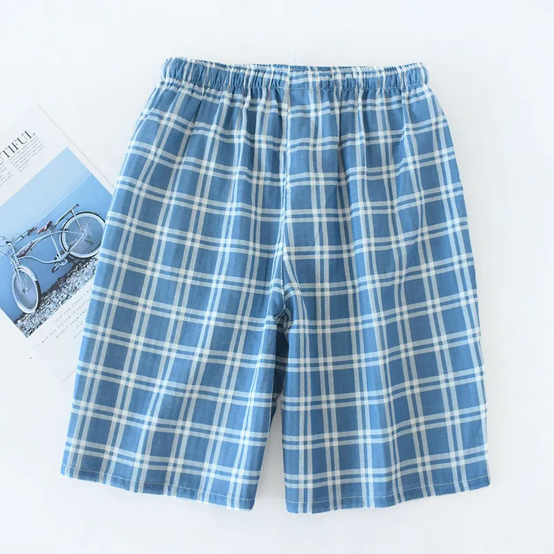 Wjczt Men&#39;s Cotton Gauze Trousers Plaid Knitted Sleep Pants Woman Pajamas Pants Bottoms Sleepwear Short for Couples Pijama Hombre