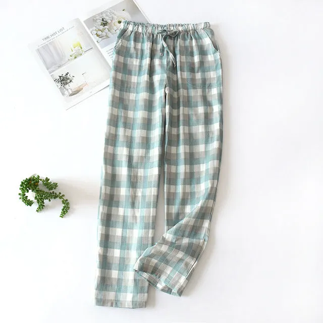 Wjczt Men&#39;s Cotton Gauze Trousers Plaid Knitted Sleep Pants Woman Pajamas Pants Bottoms Sleepwear Short for Couples Pijama Hombre
