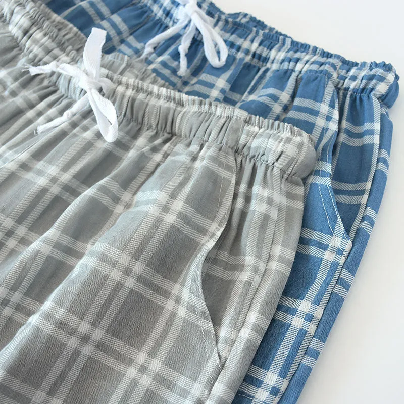 Wjczt Men&#39;s Cotton Gauze Trousers Plaid Knitted Sleep Pants Woman Pajamas Pants Bottoms Sleepwear Short for Couples Pijama Hombre