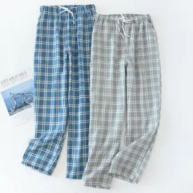 Wjczt Men&#39;s Cotton Gauze Trousers Plaid Knitted Sleep Pants Woman Pajamas Pants Bottoms Sleepwear Short for Couples Pijama Hombre