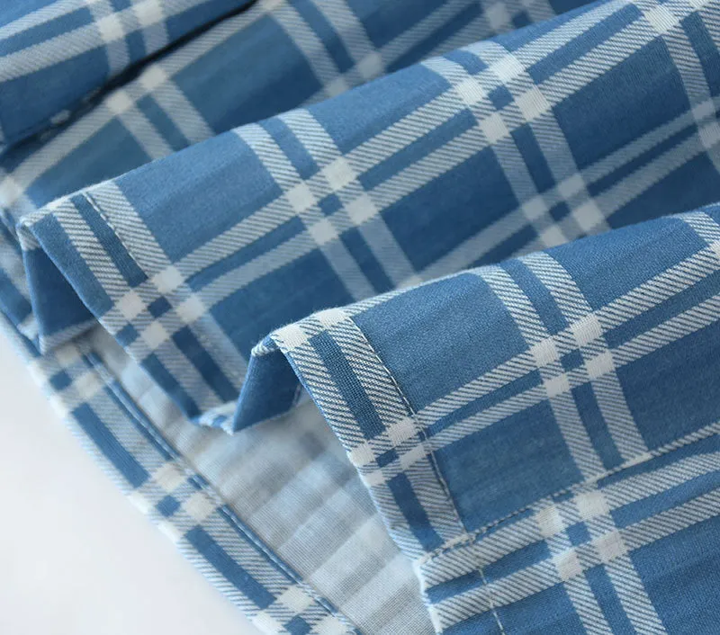 Wjczt Men&#39;s Cotton Gauze Trousers Plaid Knitted Sleep Pants Woman Pajamas Pants Bottoms Sleepwear Short for Couples Pijama Hombre