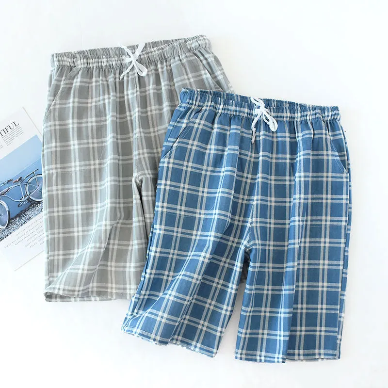 Wjczt Men&#39;s Cotton Gauze Trousers Plaid Knitted Sleep Pants Woman Pajamas Pants Bottoms Sleepwear Short for Couples Pijama Hombre