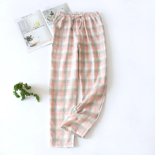 Wjczt Men&#39;s Cotton Gauze Trousers Plaid Knitted Sleep Pants Woman Pajamas Pants Bottoms Sleepwear Short for Couples Pijama Hombre