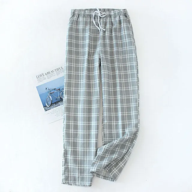 Wjczt Men&#39;s Cotton Gauze Trousers Plaid Knitted Sleep Pants Woman Pajamas Pants Bottoms Sleepwear Short for Couples Pijama Hombre