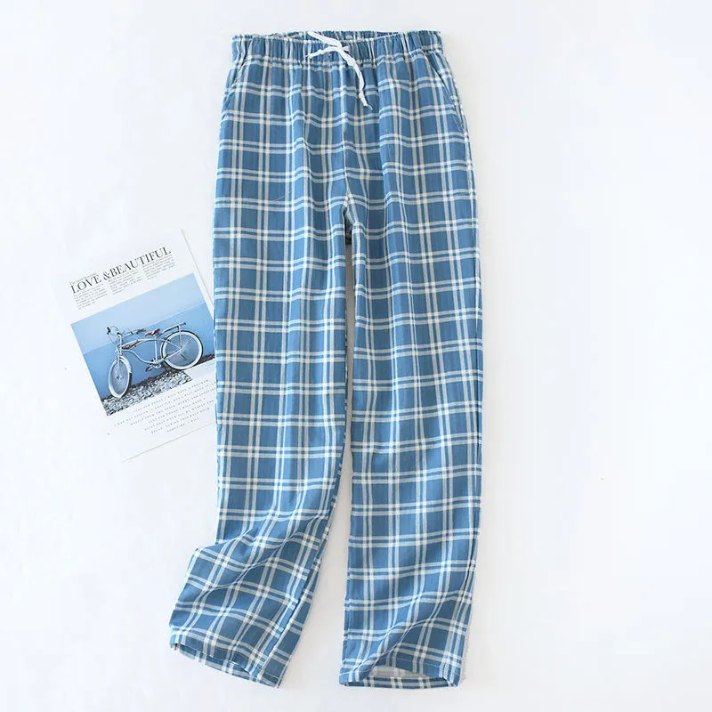 Wjczt Men&#39;s Cotton Gauze Trousers Plaid Knitted Sleep Pants Woman Pajamas Pants Bottoms Sleepwear Short for Couples Pijama Hombre