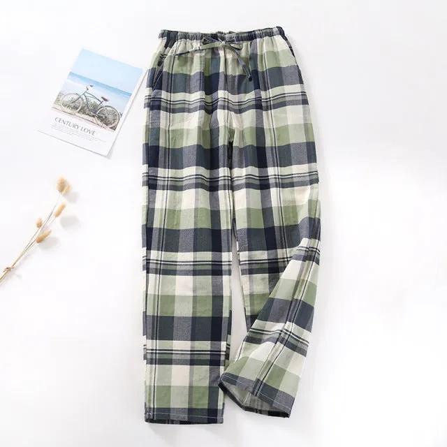 Wjczt Men&#39;s Cotton Gauze Trousers Plaid Knitted Sleep Pants Woman Pajamas Pants Bottoms Sleepwear Short for Couples Pijama Hombre