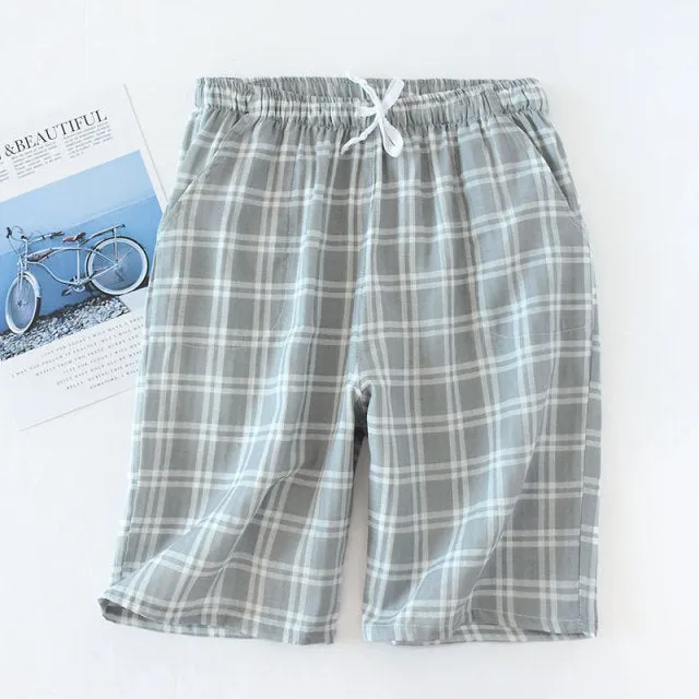 Wjczt Men&#39;s Cotton Gauze Trousers Plaid Knitted Sleep Pants Woman Pajamas Pants Bottoms Sleepwear Short for Couples Pijama Hombre