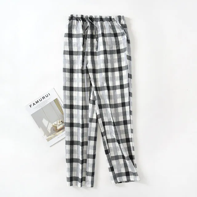 Wjczt Men&#39;s Cotton Gauze Trousers Plaid Knitted Sleep Pants Woman Pajamas Pants Bottoms Sleepwear Short for Couples Pijama Hombre