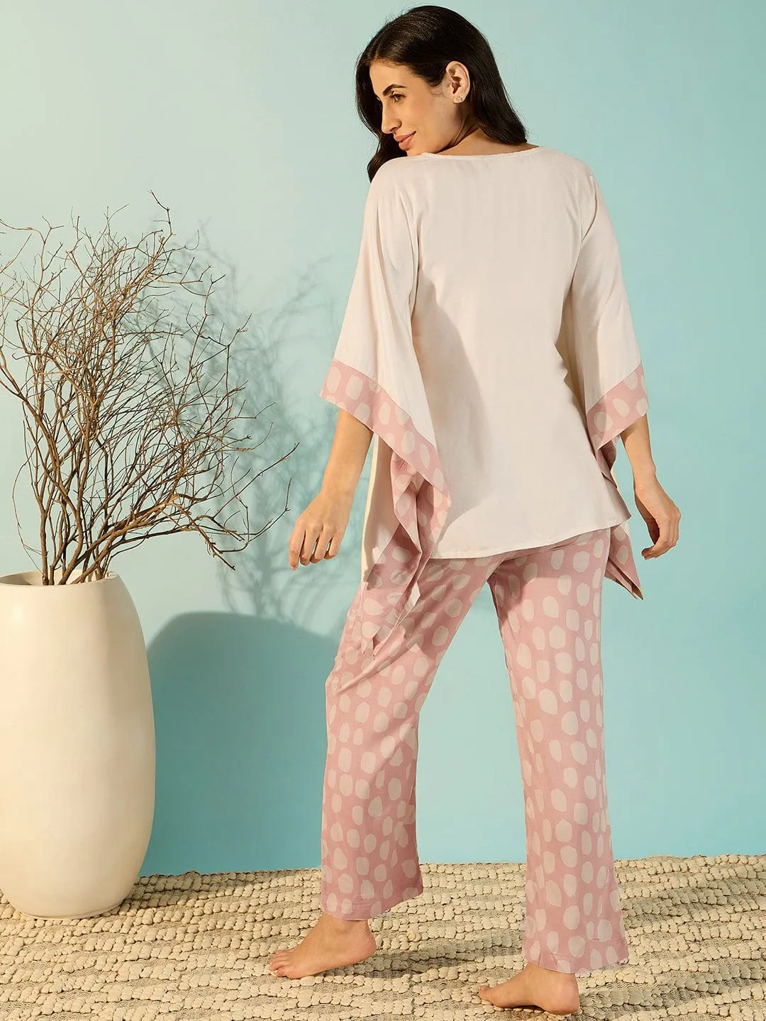 Women Off-White Cozy Modal Pyjama Kaftan Night Suit Set