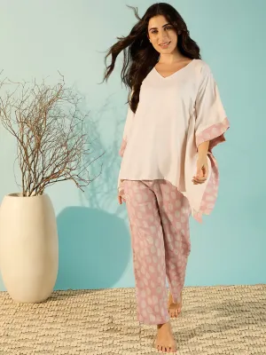 Women Off-White Cozy Modal Pyjama Kaftan Night Suit Set