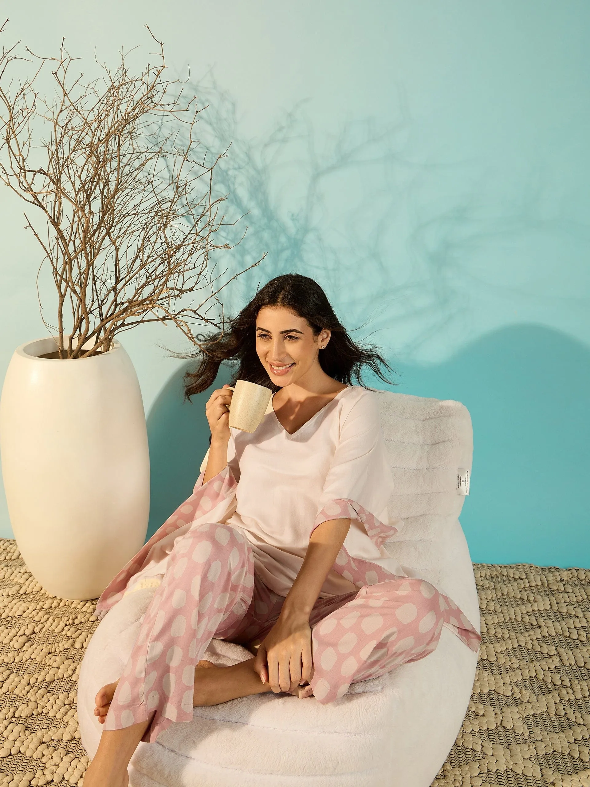 Women Off-White Cozy Modal Pyjama Kaftan Night Suit Set