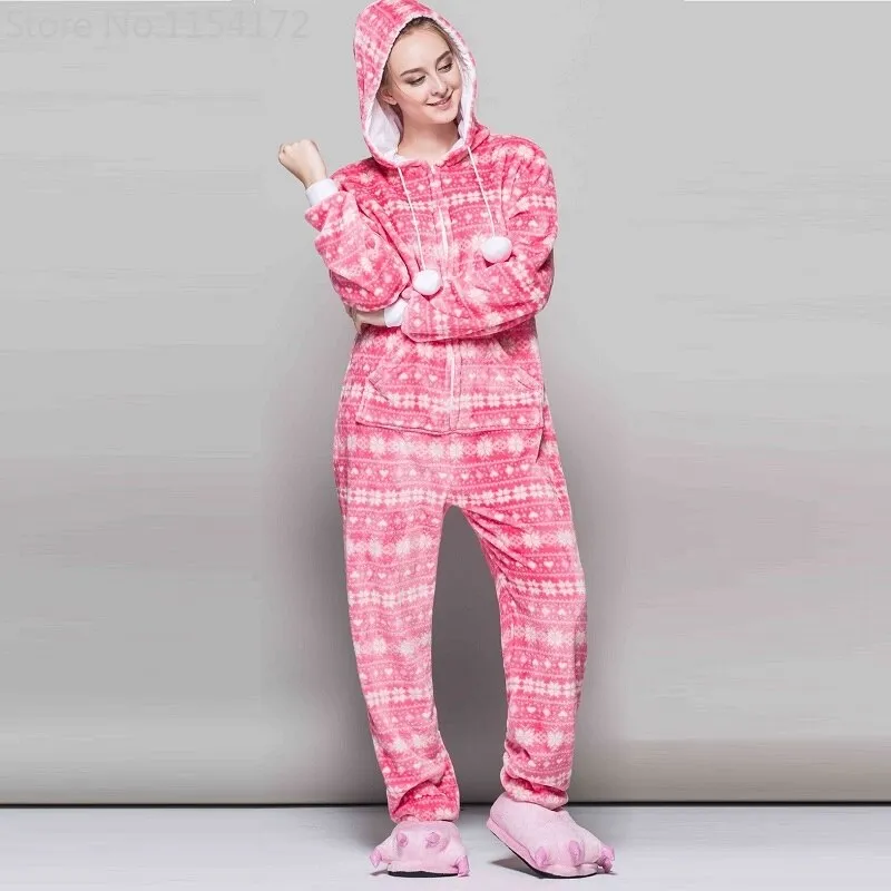Women Snowflake Onesies Pajamas Winter Kigurumi Pyjama Cartoon  Red Bird Sexy Hooded Pijama Sleepwear Onesies Pajamas