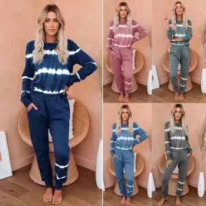 Women's 2 Piece Stripe Color Pajamas Sets Loose Casual Loungewear Sweatsuits Jogging Pants Sets