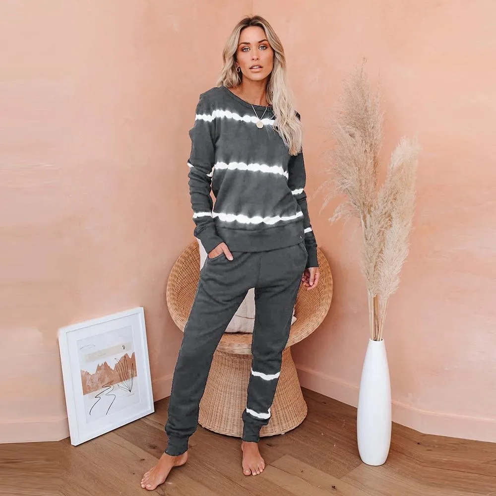 Women's 2 Piece Stripe Color Pajamas Sets Loose Casual Loungewear Sweatsuits Jogging Pants Sets