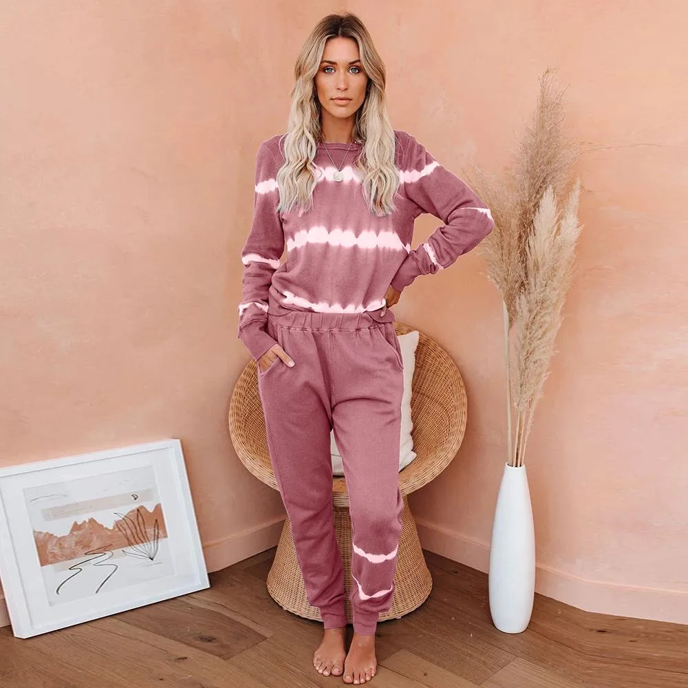 Women's 2 Piece Stripe Color Pajamas Sets Loose Casual Loungewear Sweatsuits Jogging Pants Sets