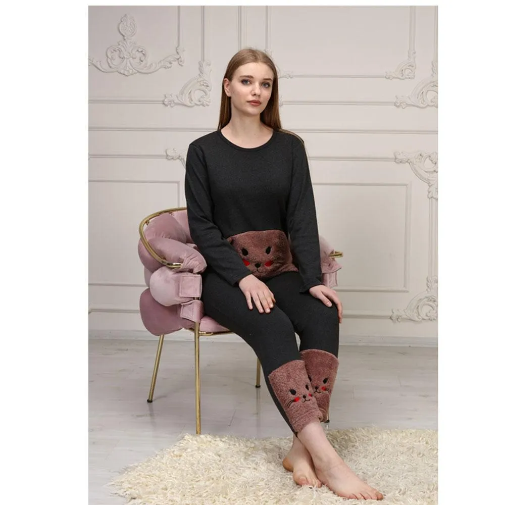 Women's Cat Embroidered Fleece Pajamas Set