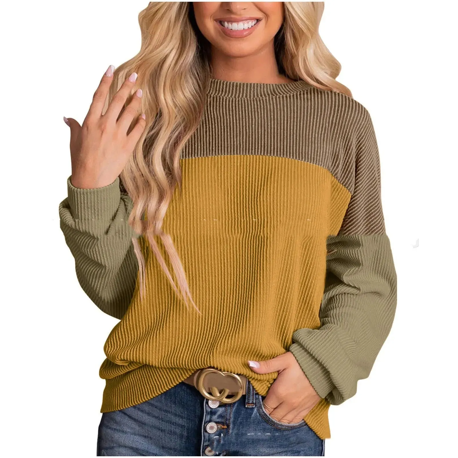 Women's Colour Blocking Round Neck Long Sleeved Sweater