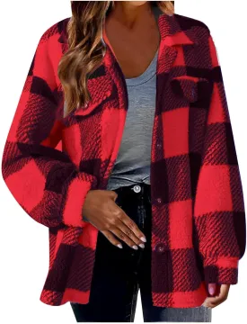 Womens Fleece Plaid Shackets Lapel Button Down Jackets Casual Long Sleeve Flannel Shirts Trendy Clothes Fall Winter