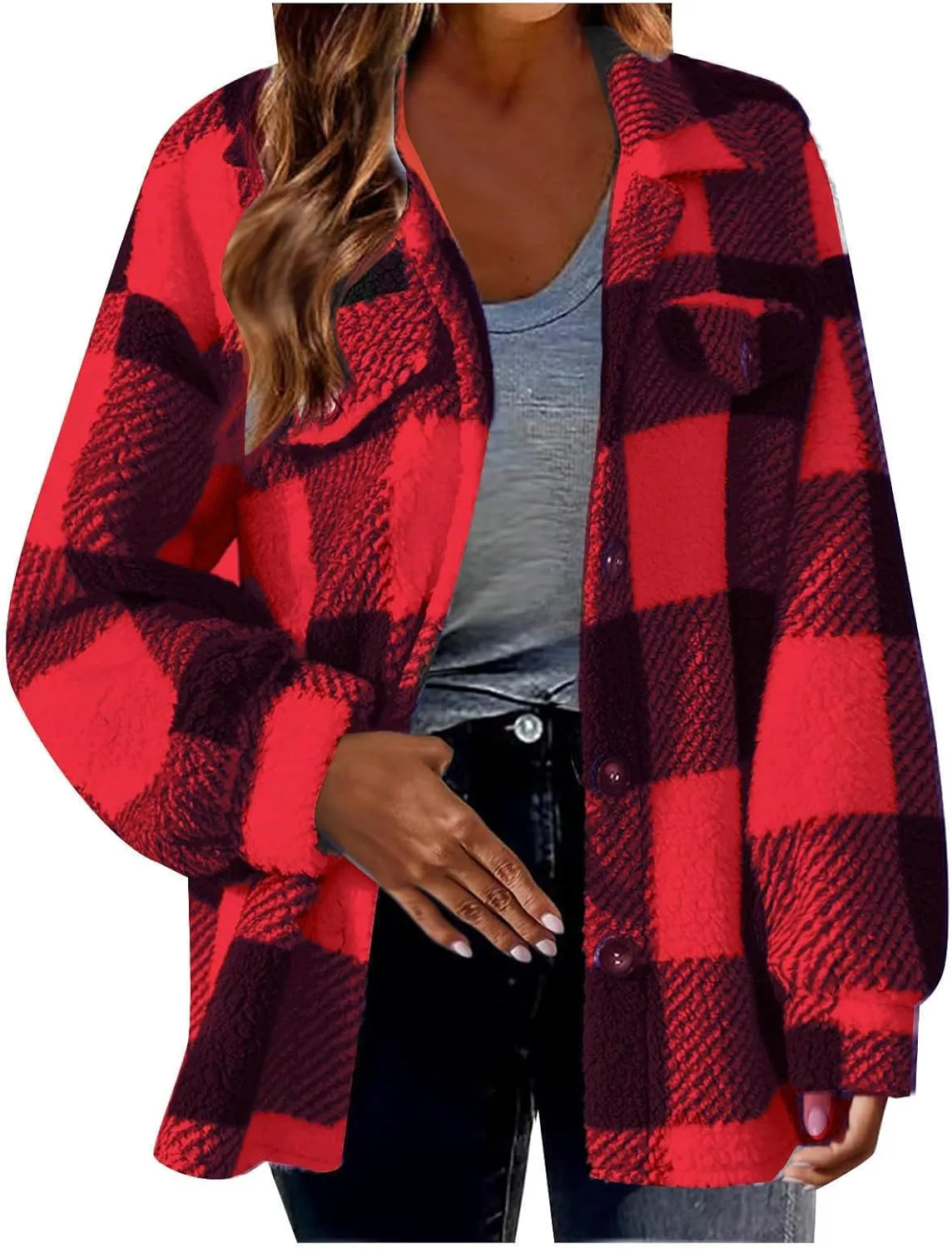 Womens Fleece Plaid Shackets Lapel Button Down Jackets Casual Long Sleeve Flannel Shirts Trendy Clothes Fall Winter