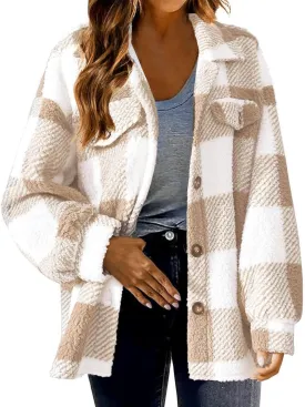 Womens Fleece Plaid Shackets Lapel Button Down Jackets Casual Long Sleeve Flannel Shirts Trendy Clothes Fall Winter
