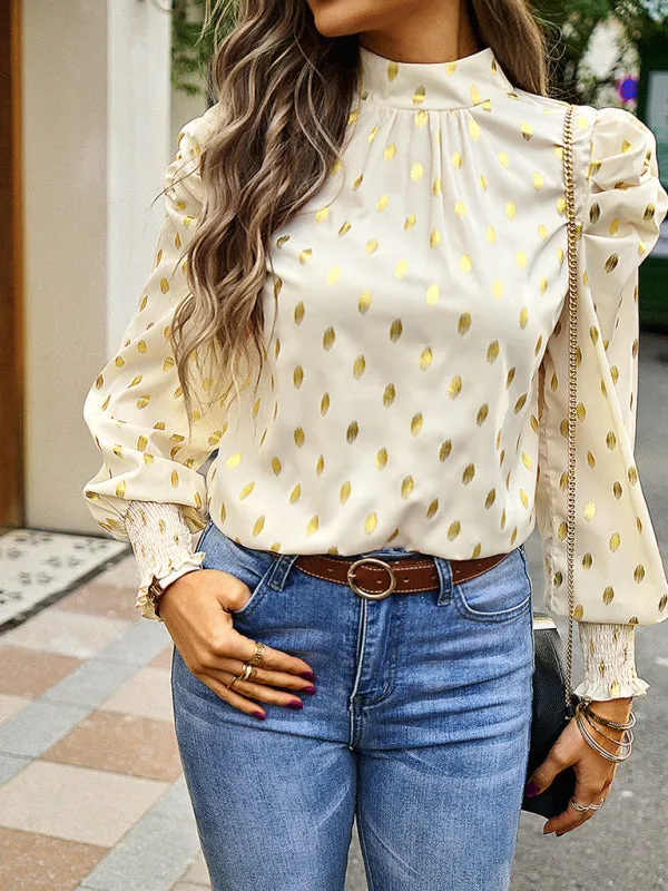Women's Gold Dot Print Temperament commuting round neck long-sleeved blouse
